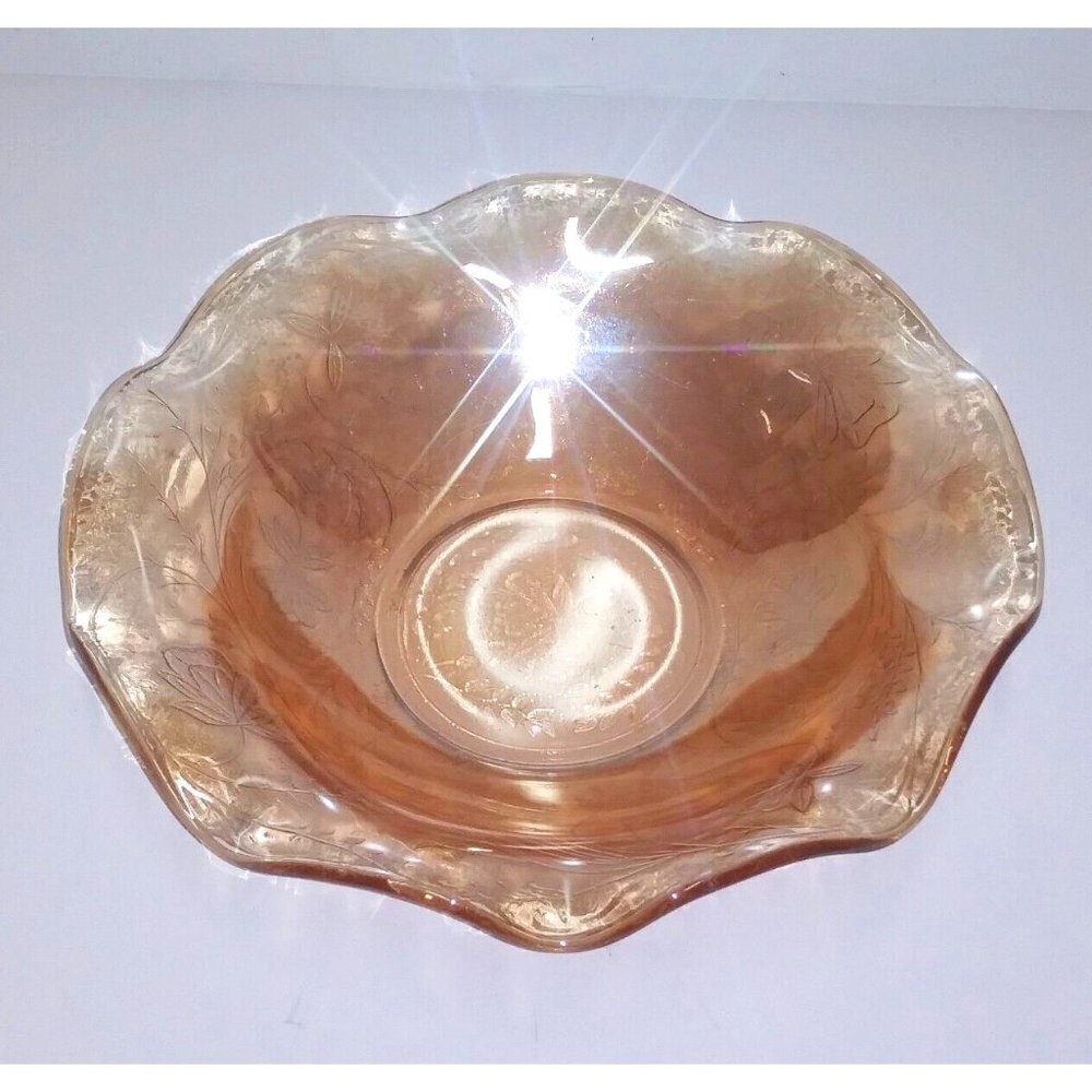 Vintage Carnival Glass Iris Bowl With Scallop Edge light amber gold 9.75" x2"